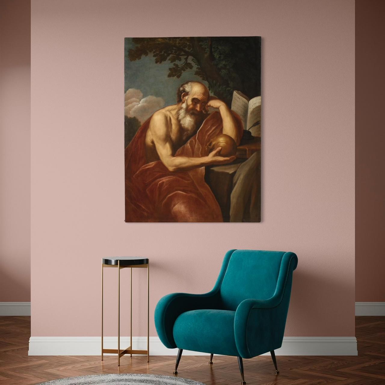 siglo XVII Óleo sobre lienzo Pintura religiosa italiana San Jerónimo en meditación en venta 3