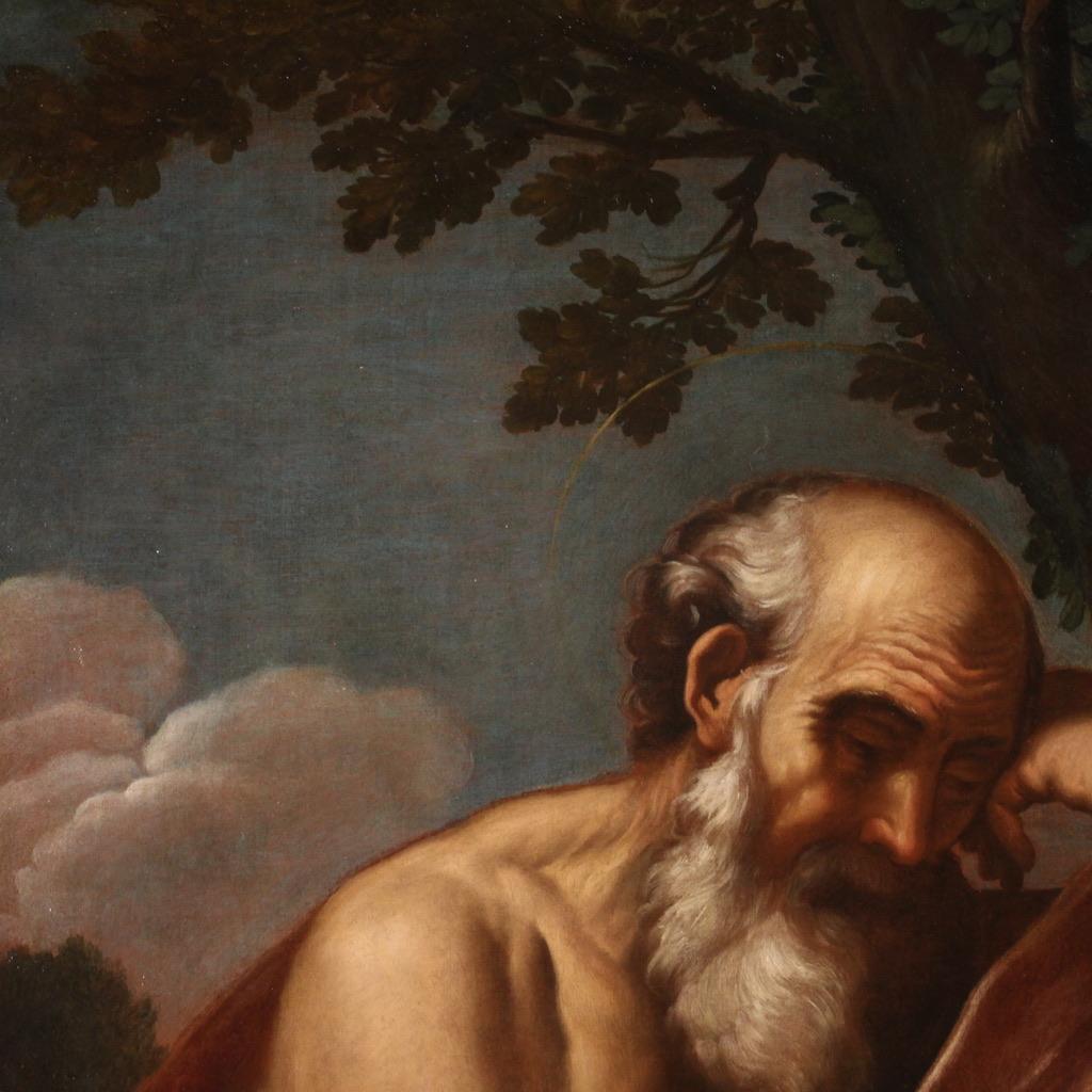 siglo XVII Óleo sobre lienzo Pintura religiosa italiana San Jerónimo en meditación en venta 4