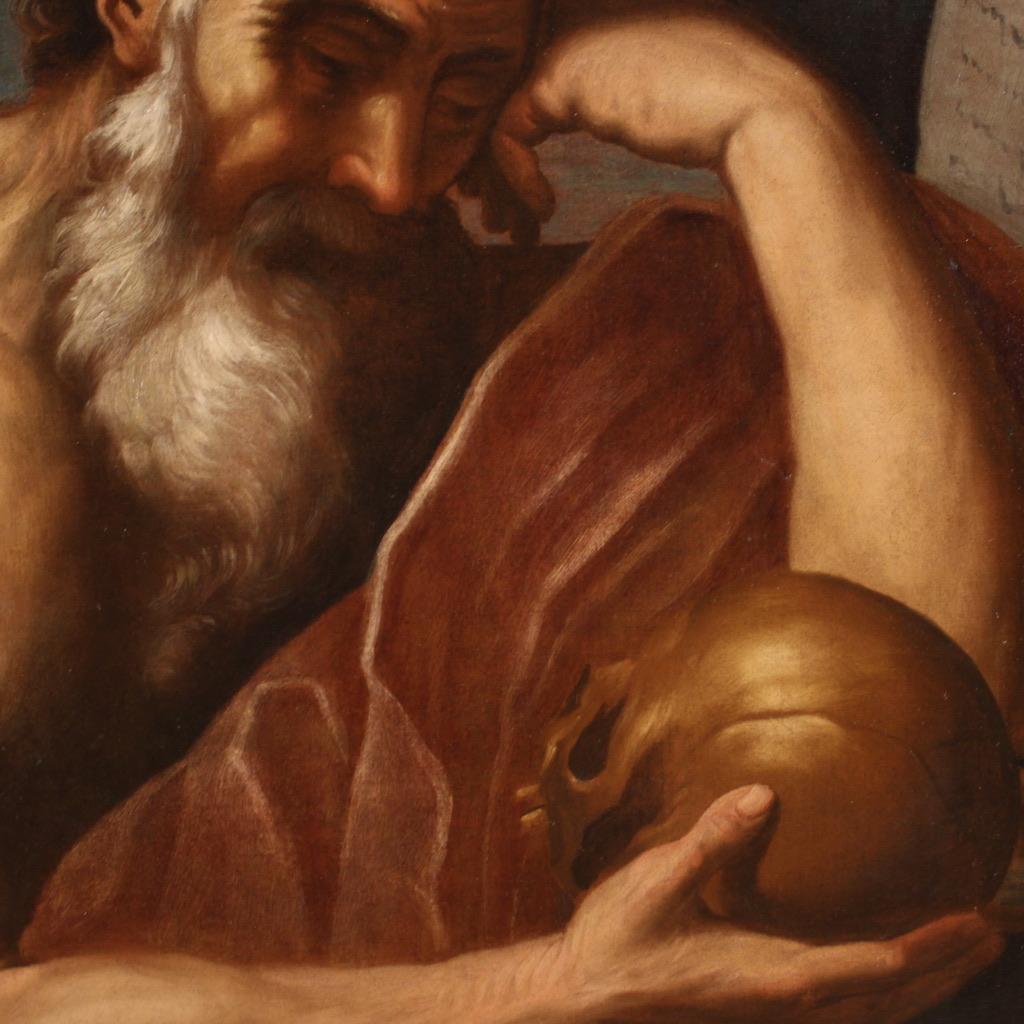 siglo XVII Óleo sobre lienzo Pintura religiosa italiana San Jerónimo en meditación en venta 5