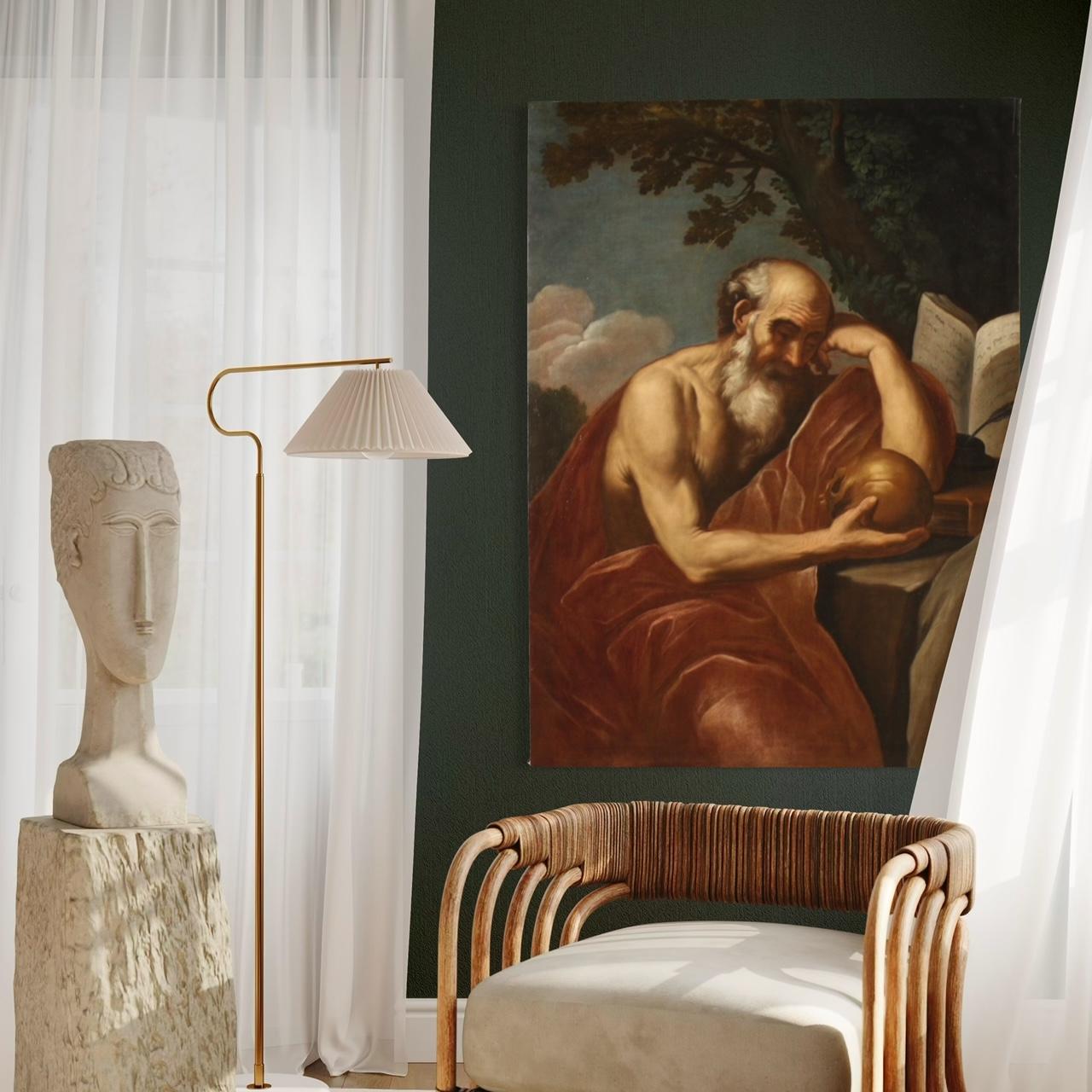 siglo XVII Óleo sobre lienzo Pintura religiosa italiana San Jerónimo en meditación en venta 8