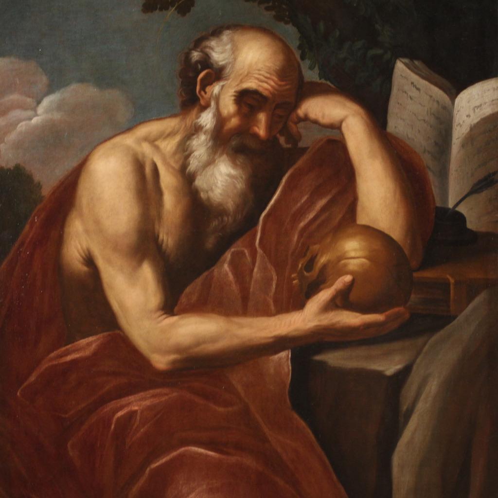 Pintura italiana de la segunda mitad del siglo XVII. El cuadro, óleo sobre lienzo, es una interesante réplica antigua de una famosísima composición de Guido Reni que representa a San Jerónimo en meditación. El original, realizado hacia 1640, se