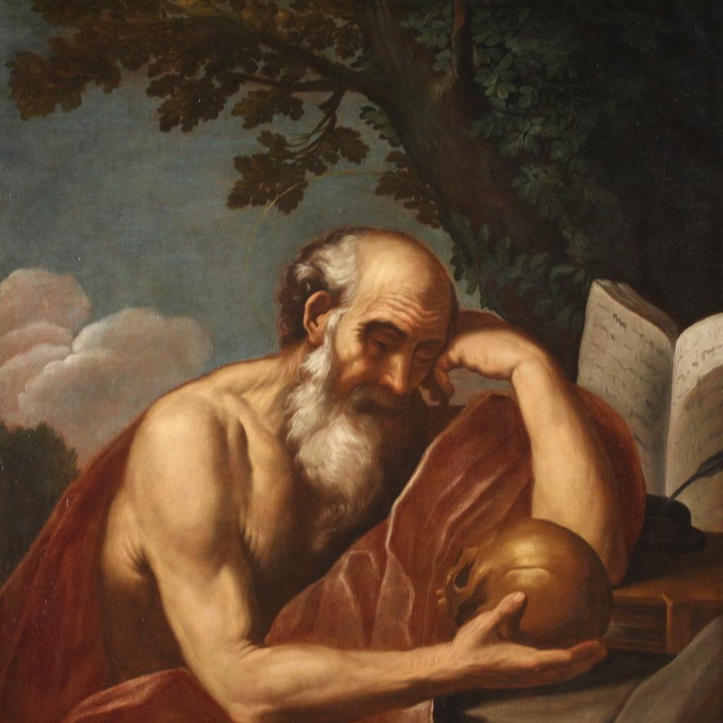 siglo XVII Óleo sobre lienzo Pintura religiosa italiana San Jerónimo en meditación Aceitado en venta
