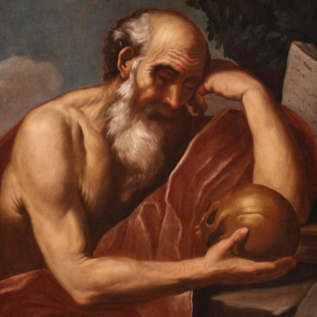 siglo XVII Óleo sobre lienzo Pintura religiosa italiana San Jerónimo en meditación en Bueno estado para la venta en Vicoforte, Piedmont
