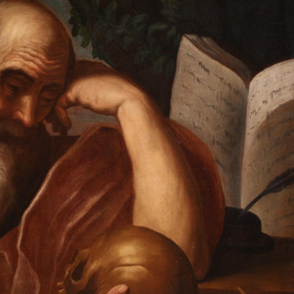 siglo XVII Óleo sobre lienzo Pintura religiosa italiana San Jerónimo en meditación en venta 1