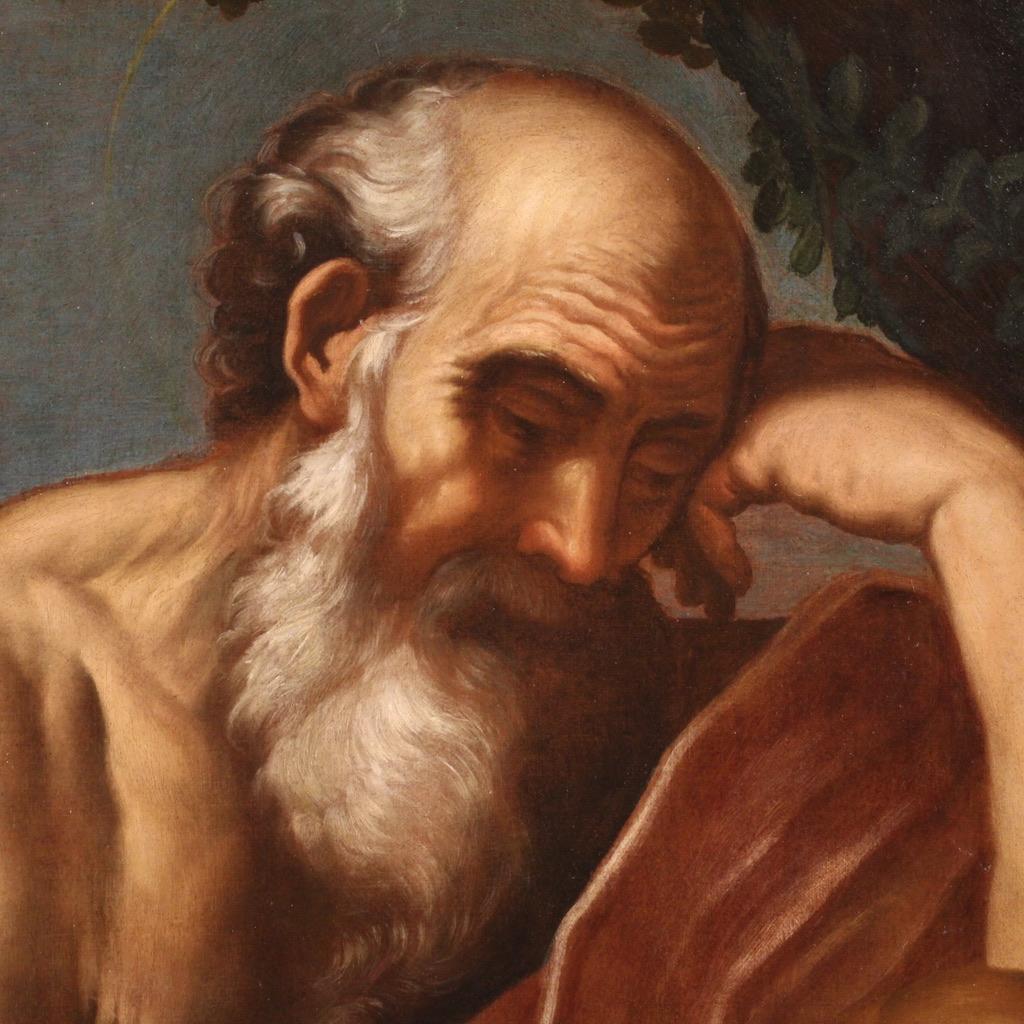 siglo XVII Óleo sobre lienzo Pintura religiosa italiana San Jerónimo en meditación en venta 2