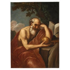 17th Century Oil on Canvas Italian Religious Painting Saint Jerome in Meditation