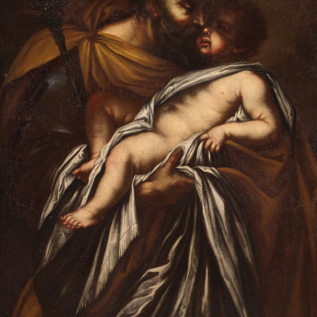 17th Century Oil on Canvas Italian Religious Painting Saint Joseph with Child 1