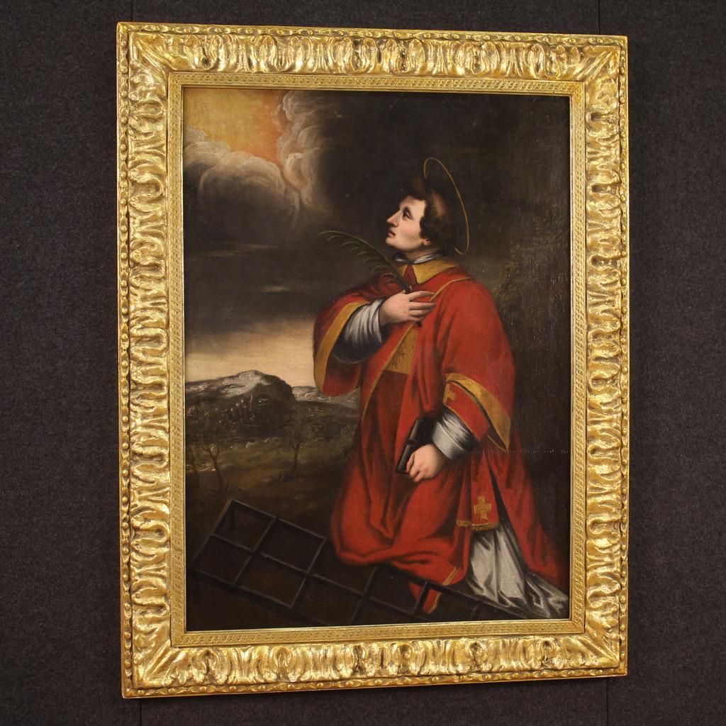 17th Century Oil on Canvas Italian Religious Painting Saint Lawrence Martyr 1650 In Good Condition In Vicoforte, Piedmont