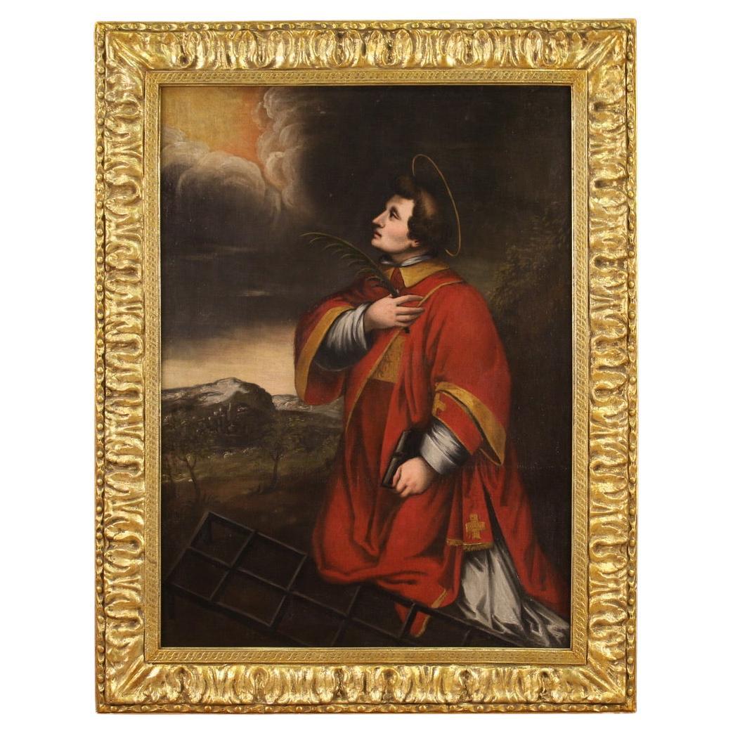 17th Century Oil on Canvas Italian Religious Painting Saint Lawrence Martyr 1650
