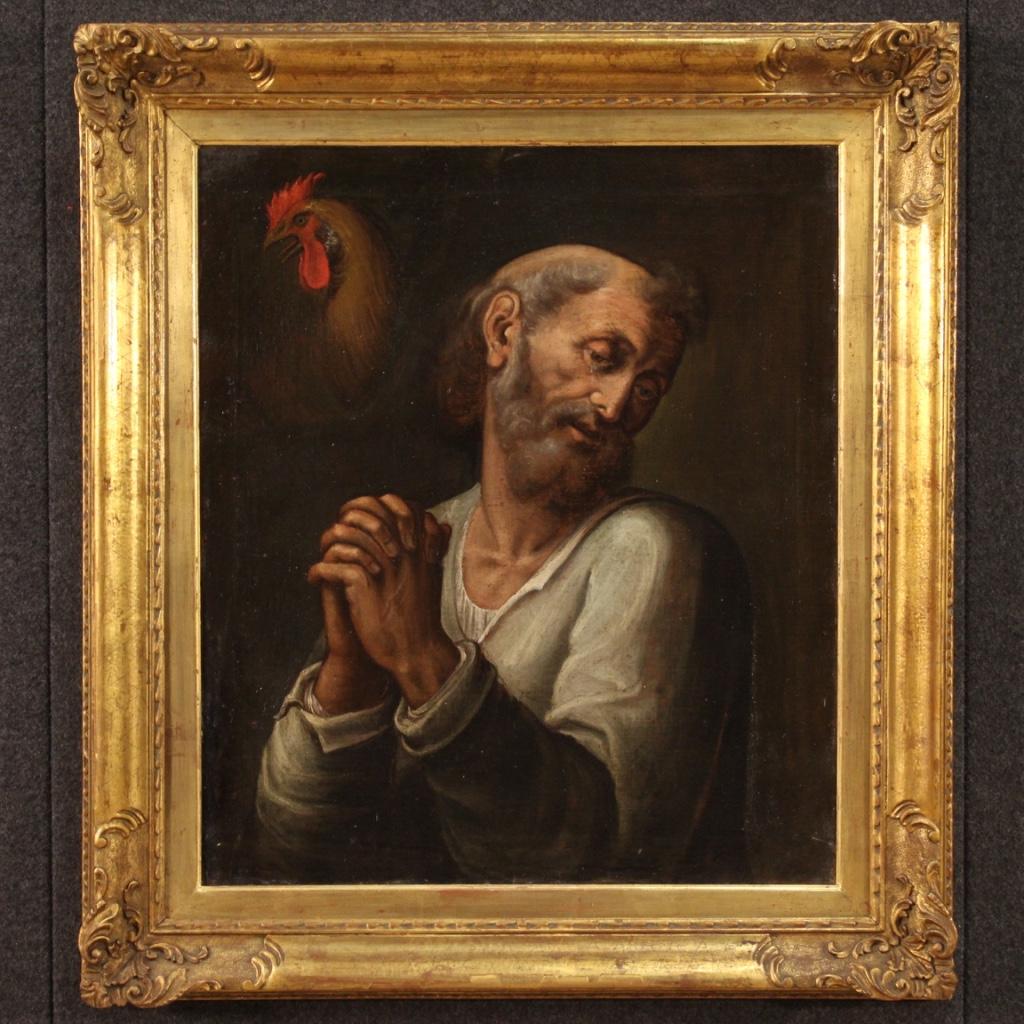 Ancient Italian painting from the 17th century. Framework oil on canvas depicting a religious subject Saint Peter and the rooster of good pictorial quality. Nice size and pleasant impact painting for antique dealers, interior decorators and