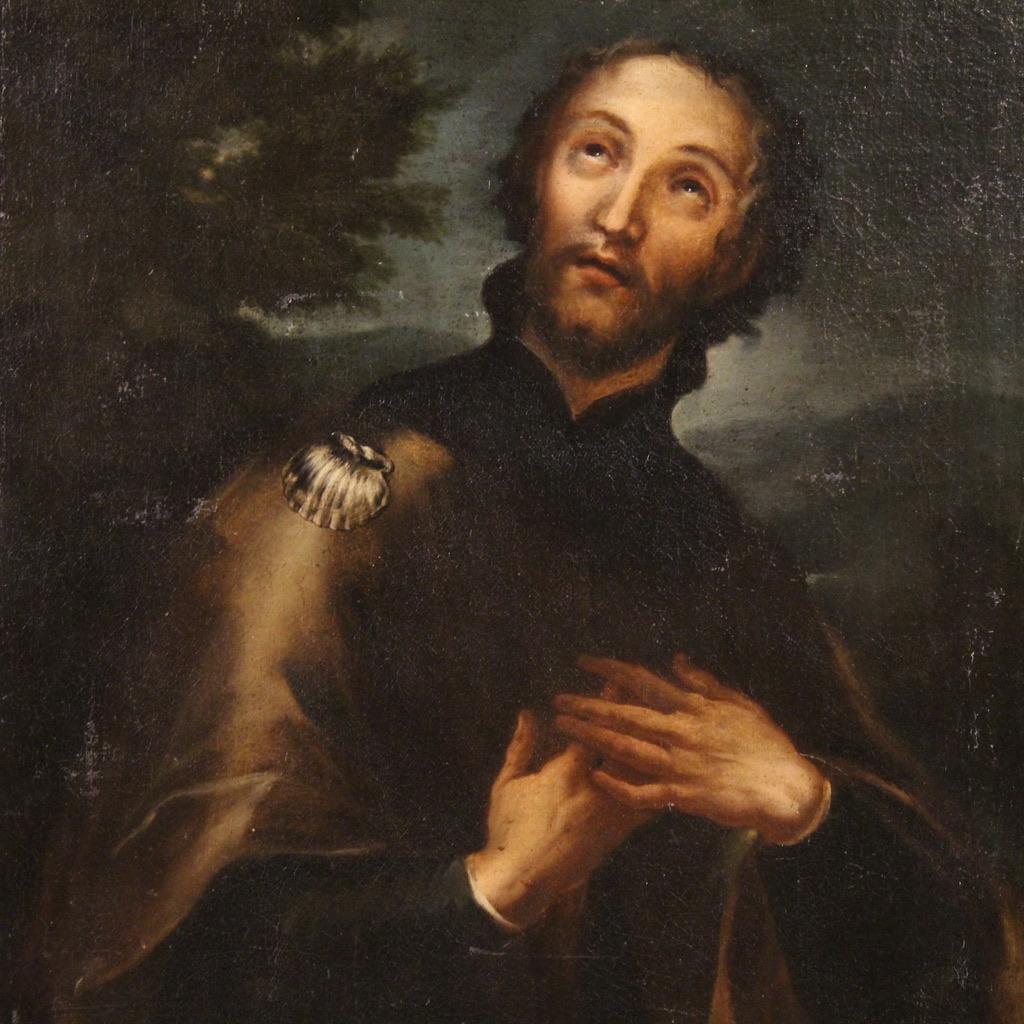 A splendid Italian painting from the second half of the 17th century. Painting oil on canvas depicts Saint Roch, a celebrated French pilgrim and miracle worker. Invoked as a protector from the plague, he is most recognizable by the scallop shell