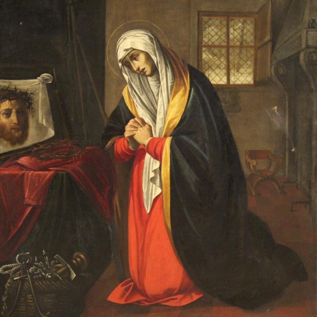 Ancient Italian painting from the second half of the 17th century. Framework oil on canvas of exceptional size depicting a religious subject Saint Veronica of good pictorial quality. Painting without frame, ideal to be placed in an important living