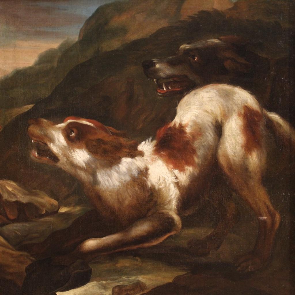 Oiled 17th Century Oil on Canvas Italian Religious Painting Shepherd with Dogs, 1660 For Sale