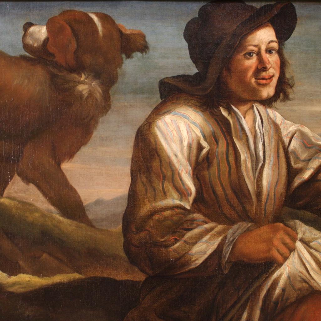 17th Century Oil on Canvas Italian Religious Painting Shepherd with Dogs, 1660 In Good Condition For Sale In Vicoforte, Piedmont