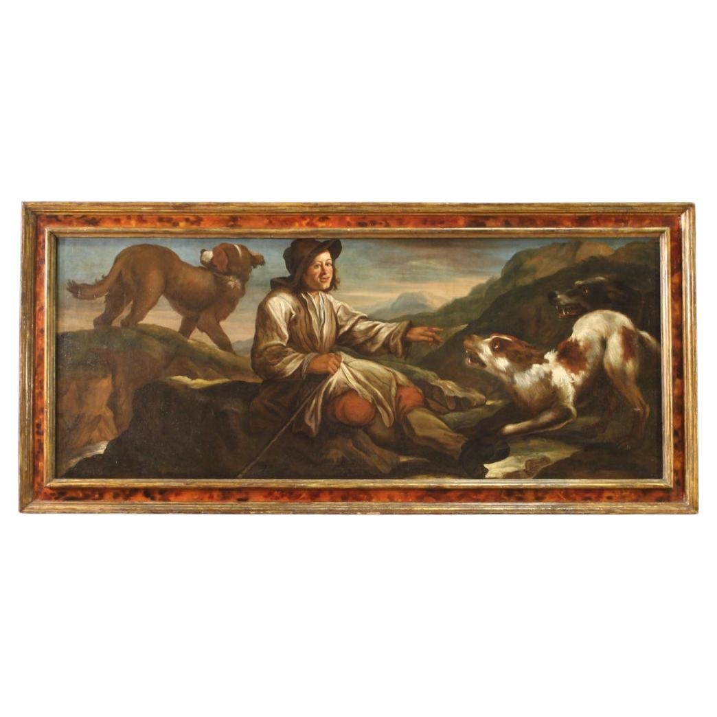 Huile sur toile italienne du 17ème siècle - Peinture religieuse - Berger avec chiens, 1660