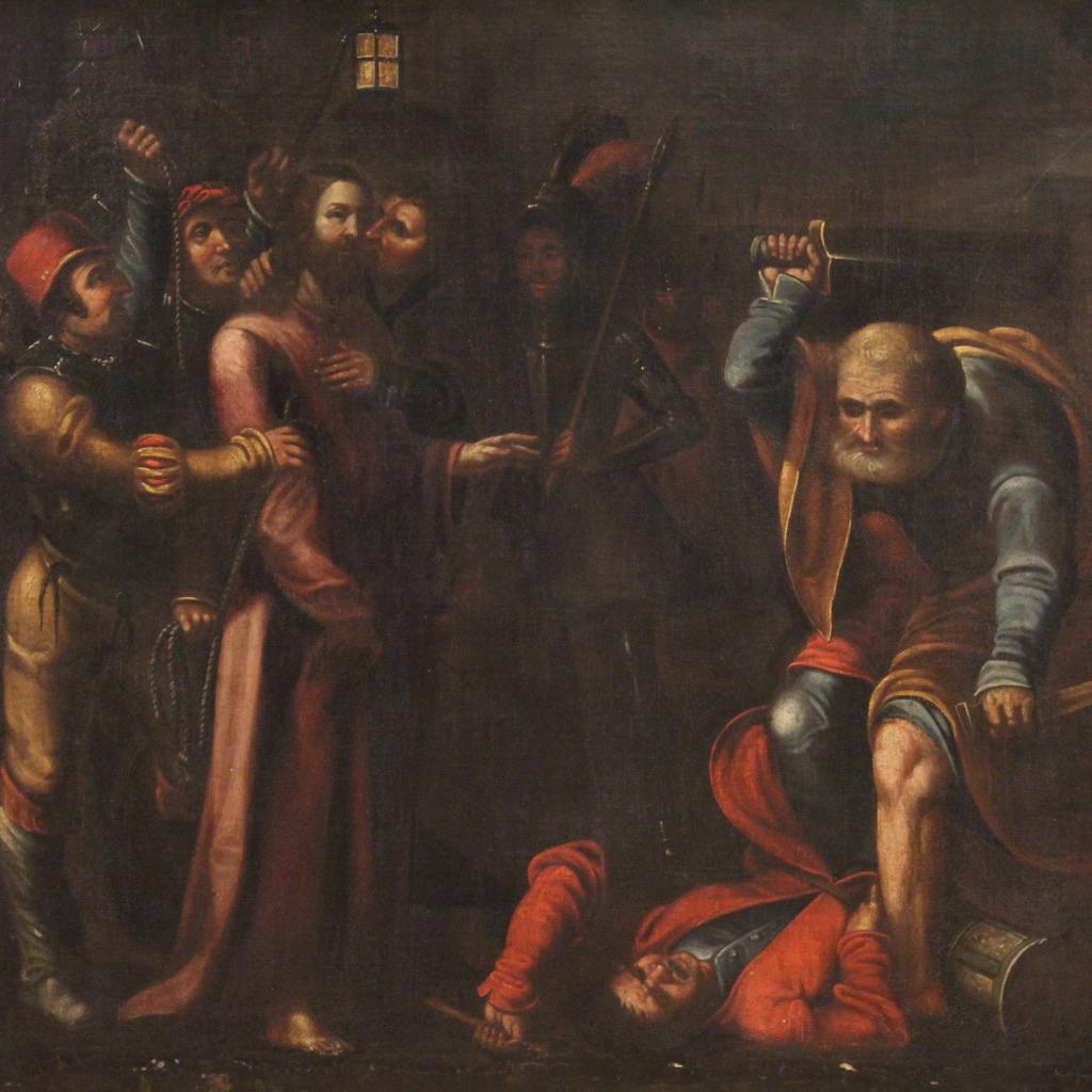 Antique Italian painting from the second half of the 17th century. Oil artwork on canvas depicting a religious subject, the capture of Christ in the garden of olives. On the left, Jesus is joined by Judas Iscariot who indicates to the soldiers the