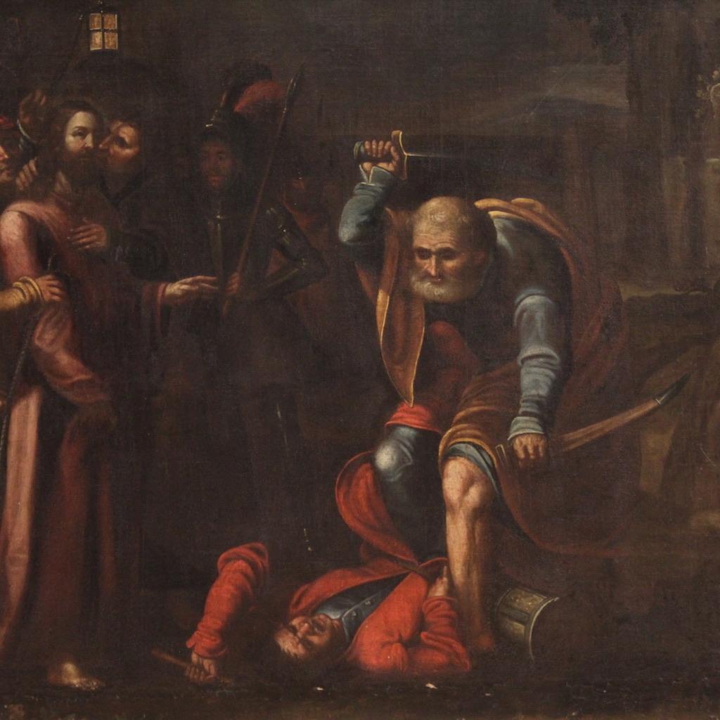 Oiled 17th Century Oil on Canvas Italian Religious Painting The Taking of Christ, 1670