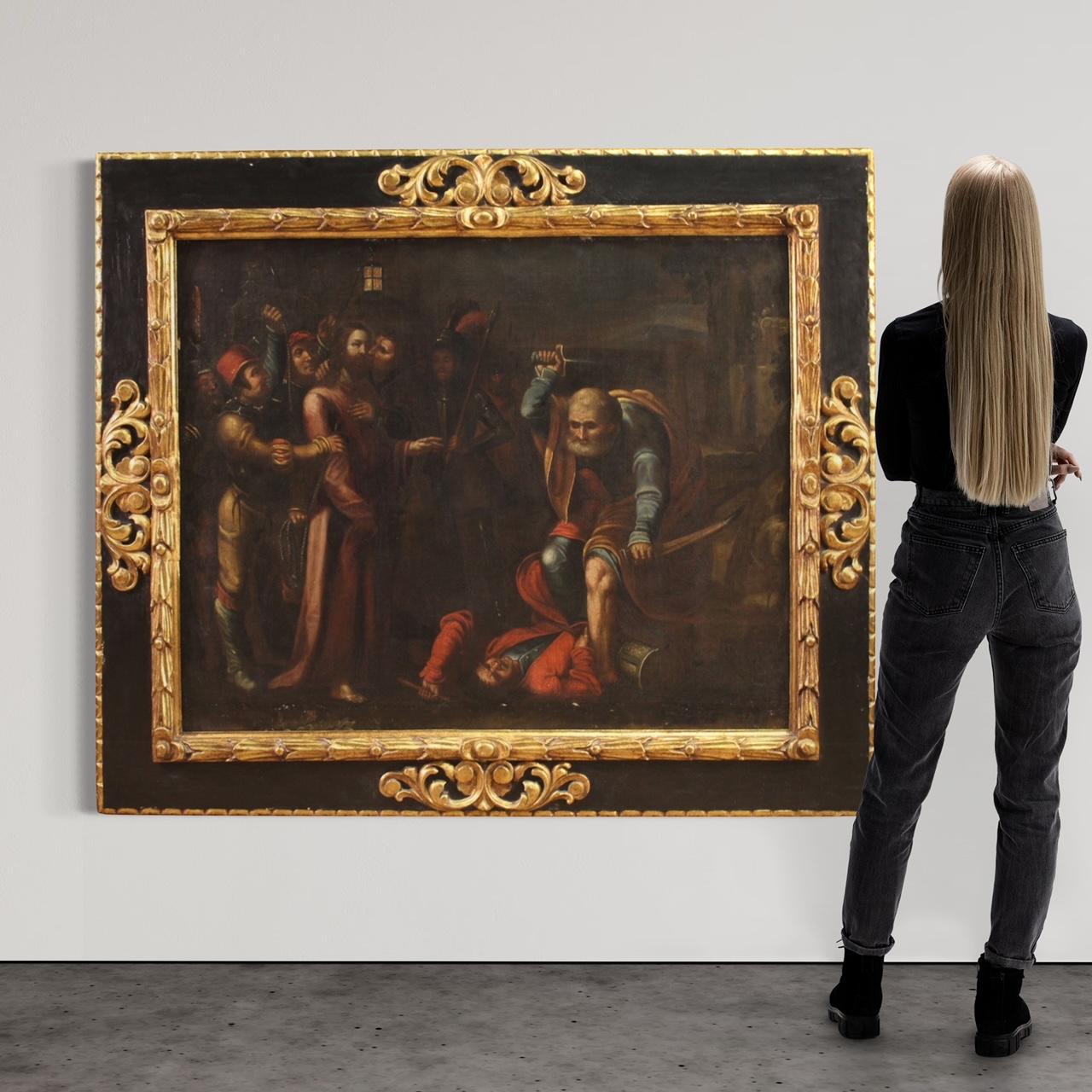 17th Century Oil on Canvas Italian Religious Painting The Taking of Christ, 1670 In Good Condition In Vicoforte, Piedmont
