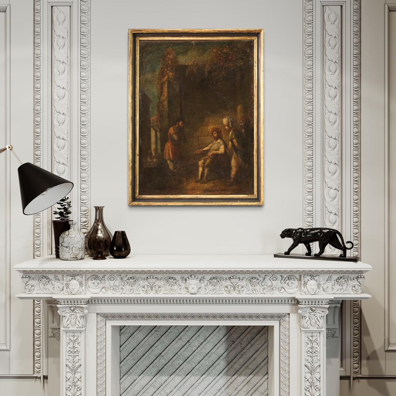 Antique Italian painting from the 17th century. Artwork oil on canvas depicting a particular religious subject, the Parable of the unfaithful farmer. Once upon a time there was a farmer who fraudulently administered his master's assets. Before being