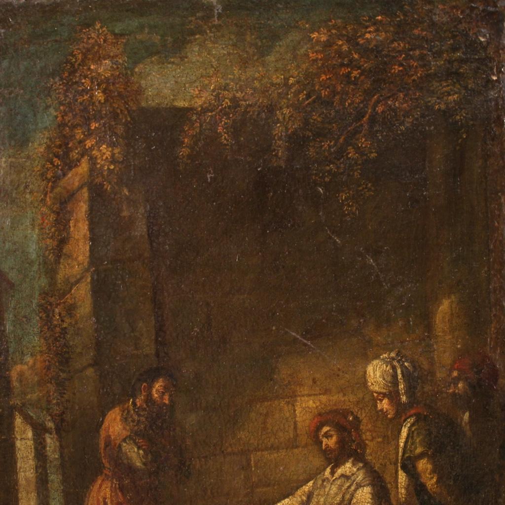 17th Century Oil on Canvas Italian Religious Painting The Unfaithful Farmer 1680 For Sale 4