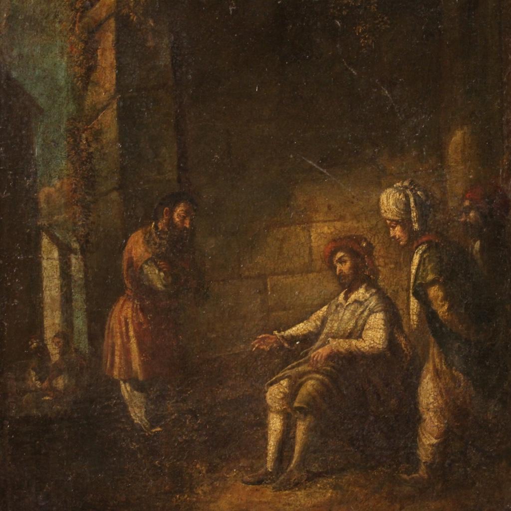 Antique Italian painting from the 17th century. Artwork oil on canvas depicting a particular religious subject, the Parable of the unfaithful farmer. Once upon a time there was a farmer who fraudulently administered his master's assets. Before being