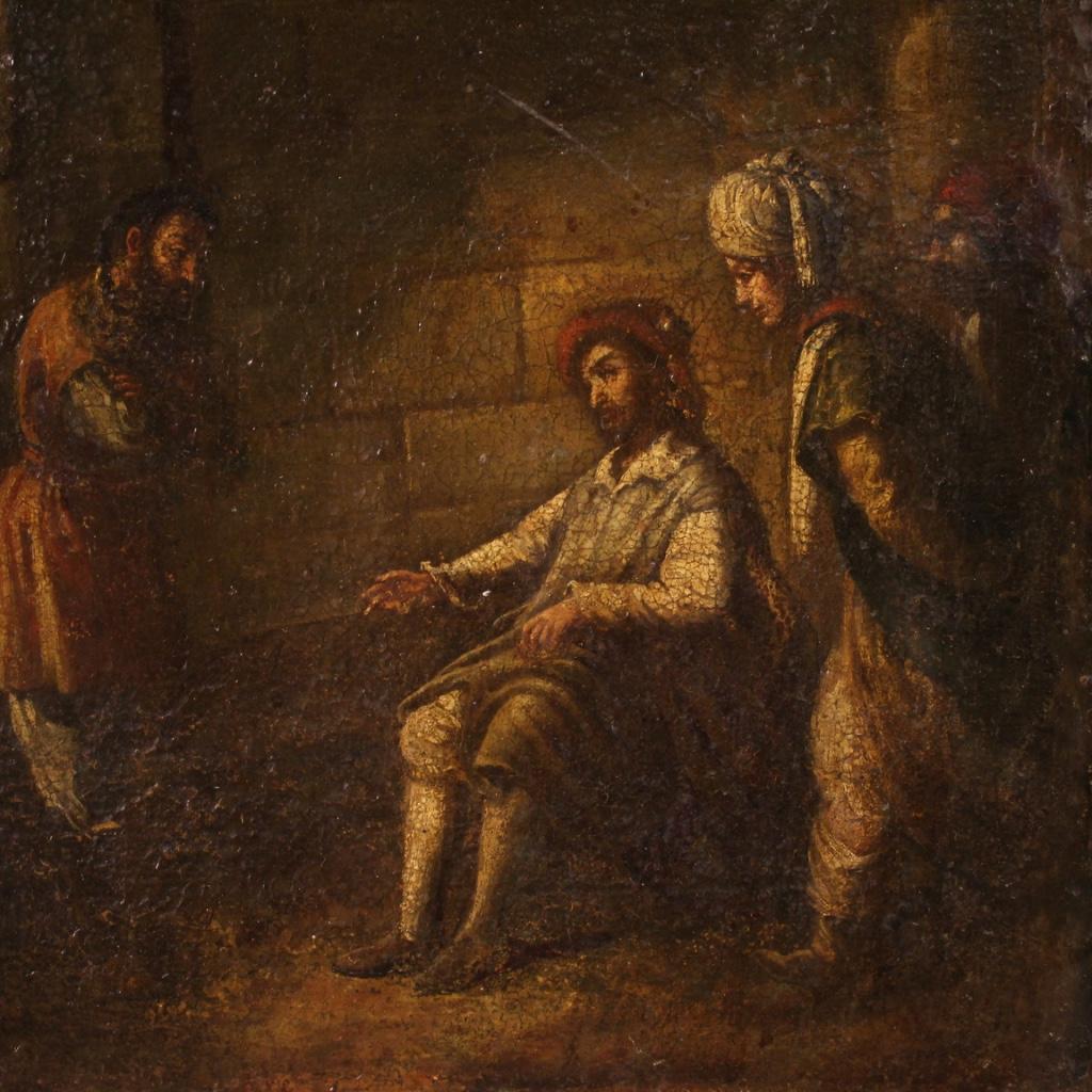 Oiled 17th Century Oil on Canvas Italian Religious Painting The Unfaithful Farmer For Sale