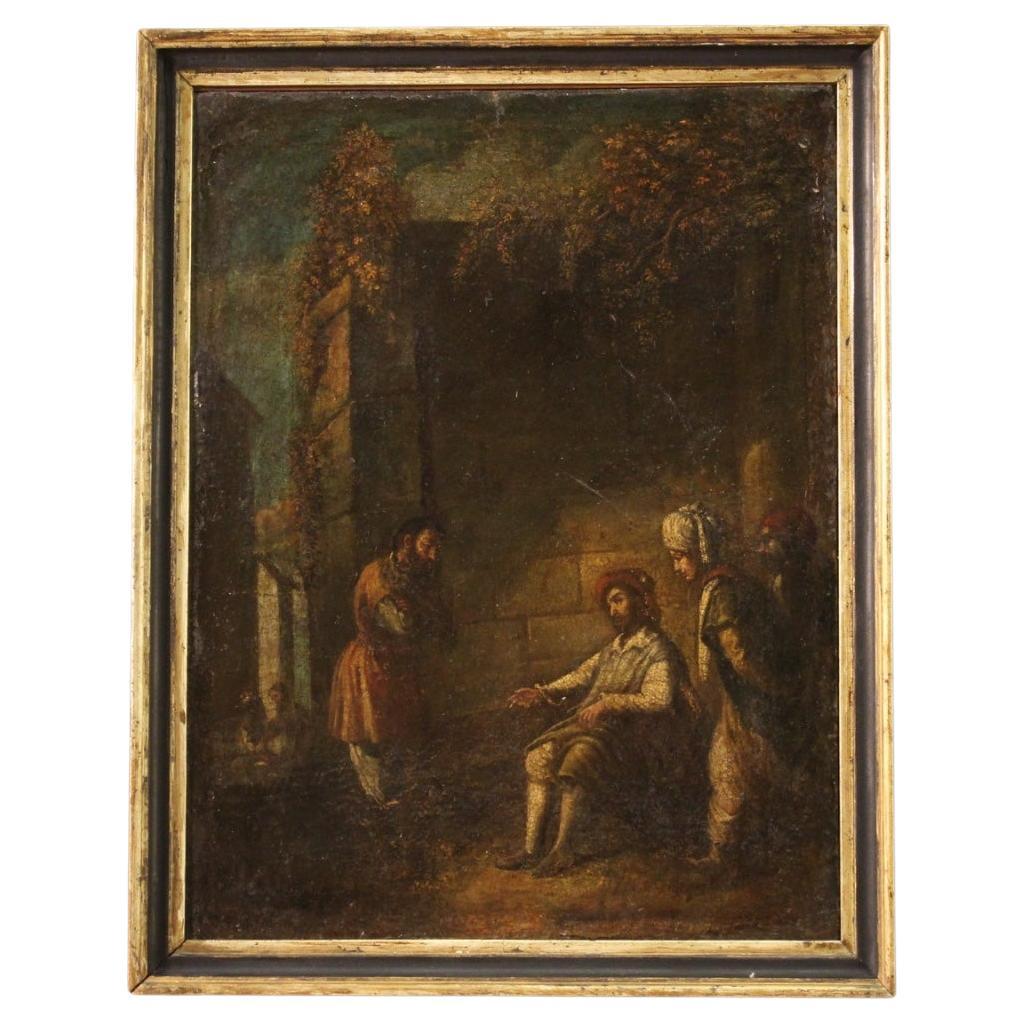 17th Century Oil on Canvas Italian Religious Painting The Unfaithful Farmer For Sale