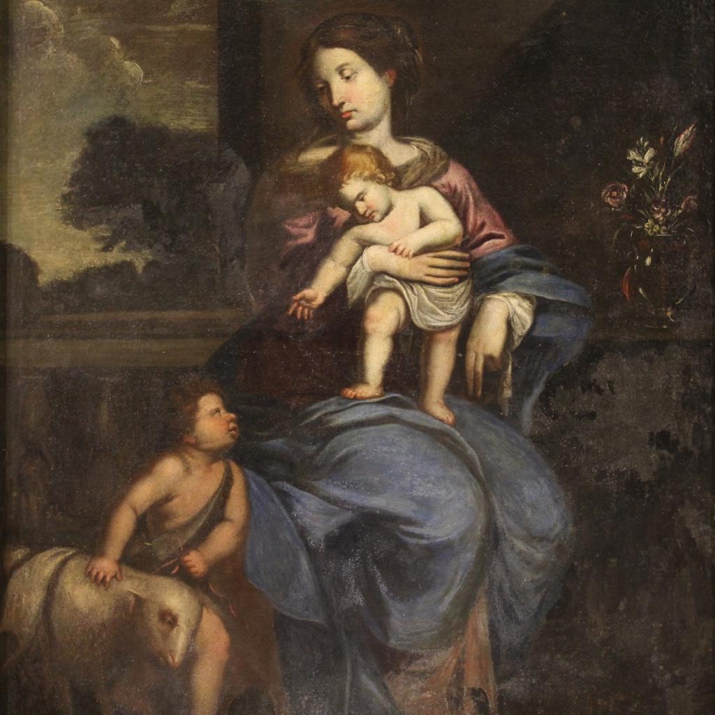 17th Century Oil on Canvas Italian Painting Virgin with Child and Saint John 7