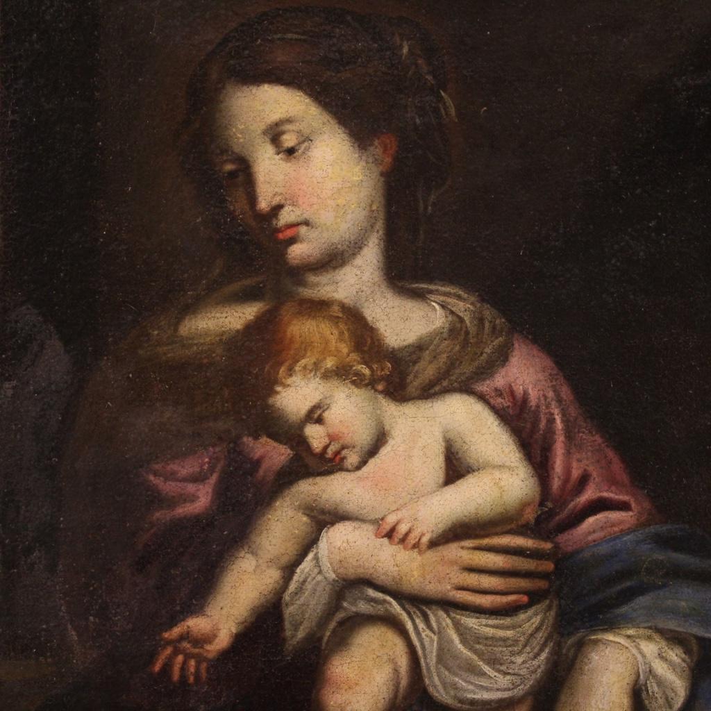 17th Century Oil on Canvas Italian Painting Virgin with Child and Saint John 1