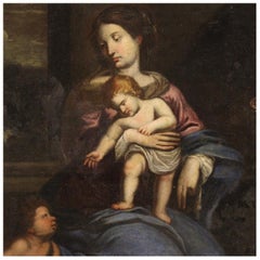 17th Century Oil on Canvas Italian Painting Virgin with Child and Saint John