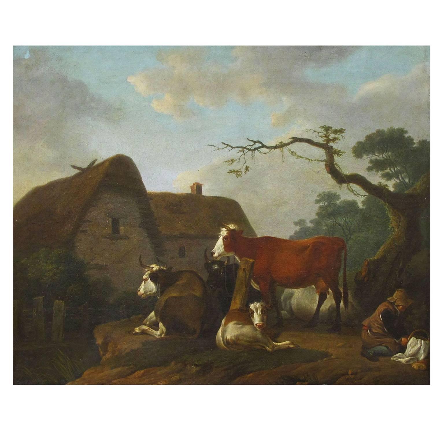 Adriaen van de Velde (Amsterdam, 1636-1672)
'Landscape with farmyard, cattle and a herder resting'
Oil on canvas.

  