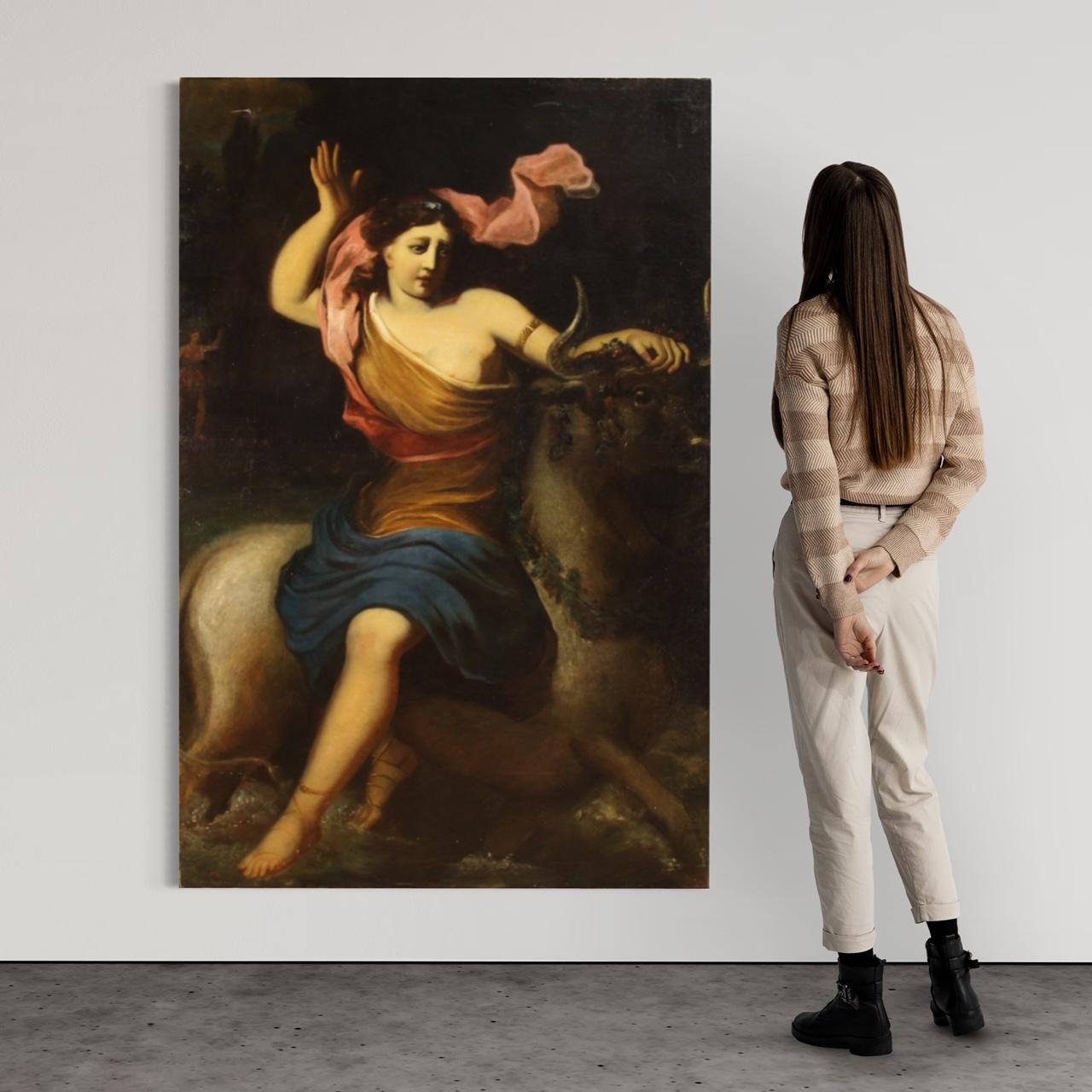 Antique Spanish painting from the second half of the 17th century. Oil on canvas artwork depicting a mythological subject, the Rape of Europa, of good pictorial quality. Legend has it that Zeus, in love with Europa, transformed himself into a