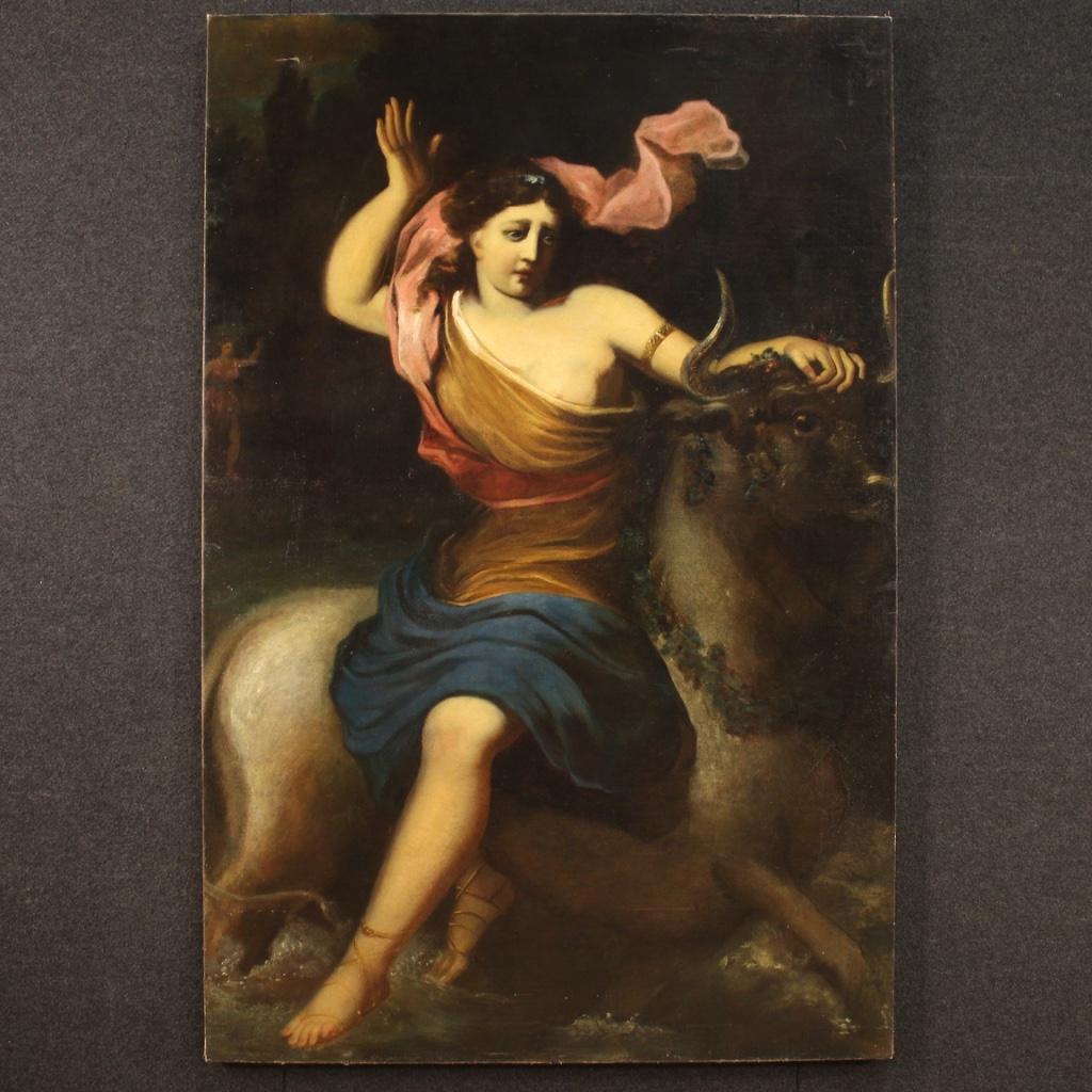 Antique Spanish painting from the second half of the 17th century. Oil on canvas framework depicting a subject from Greek mythology The Rape of Europe of good pictorial quality. Framework of great measure and impact, for antique dealers, interior