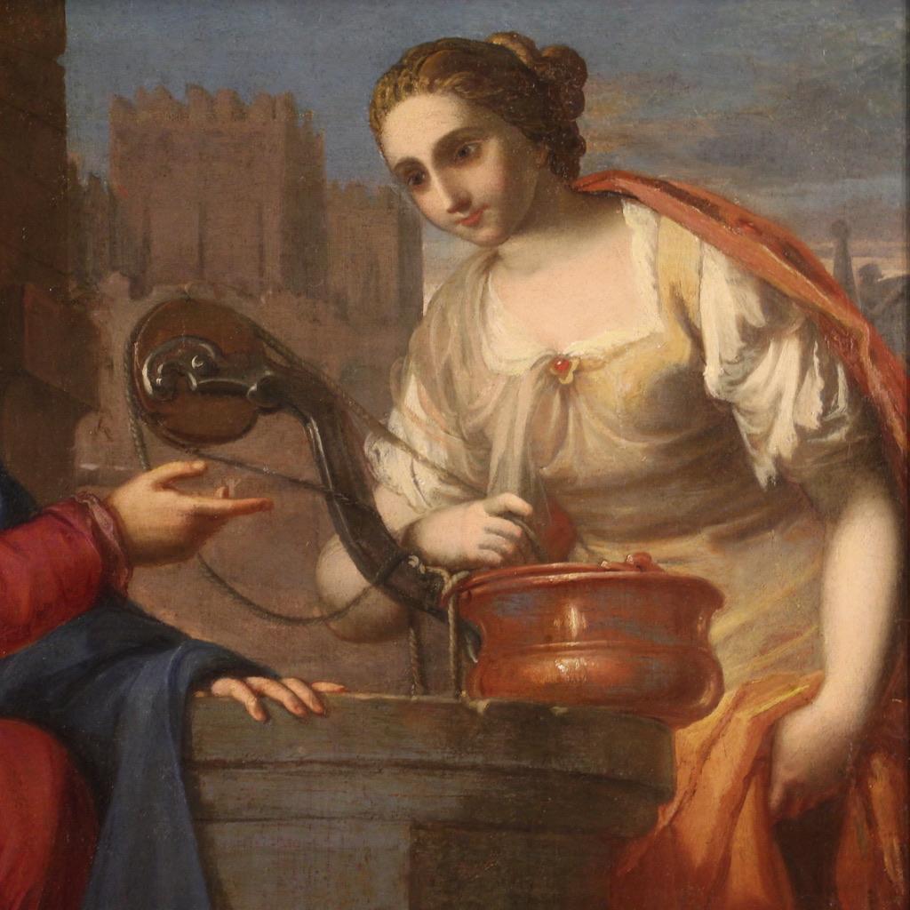17. Jahrhundert Öl auf Leinwand Gemälde Jesus und die samaritanische Frau am Brunnen im Zustand „Gut“ im Angebot in Vicoforte, Piedmont