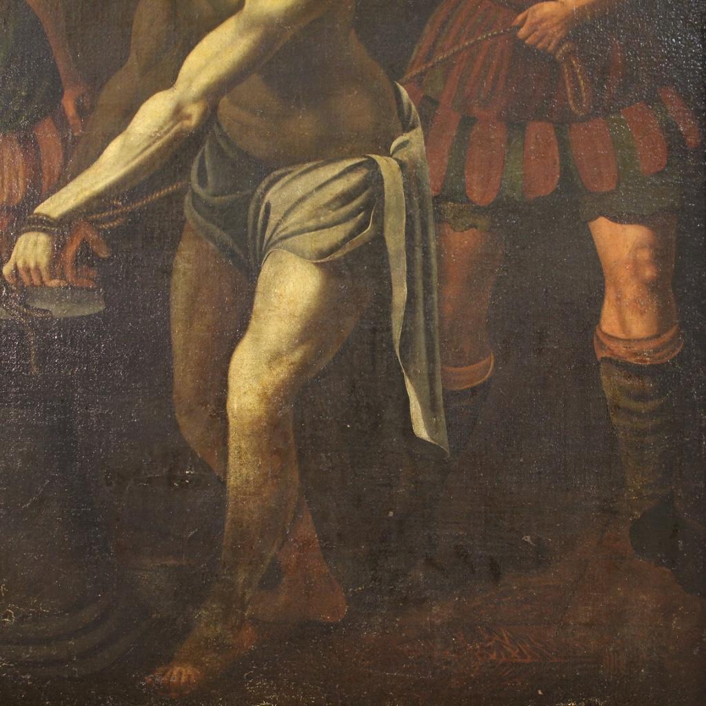 17th Century Oil on Canvas Religious Italian Painting Flagellation Jesus, 1680 For Sale 9