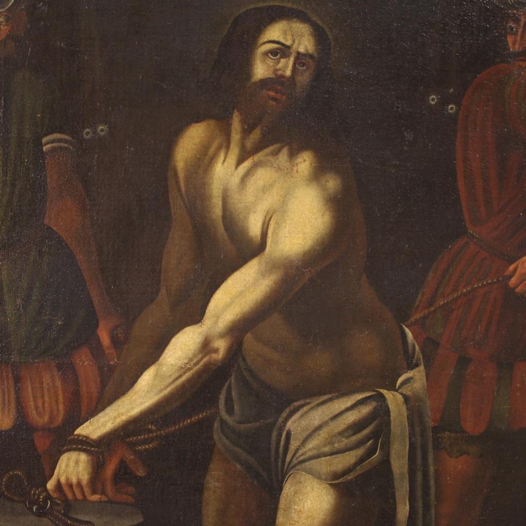 17th Century Oil on Canvas Religious Italian Painting Flagellation Jesus, 1680 For Sale 10
