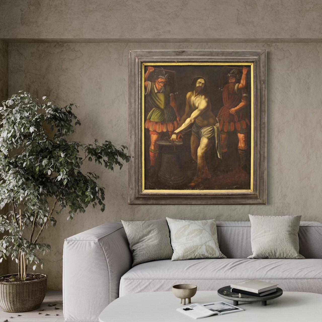 Großes italienisches Gemälde aus dem 17. Jahrhundert. Öl auf Leinwand mit einem Thema der sakralen Kunst, der Geißelung Jesu an der Säule, für Antiquitätenhändler und Sammler hochepochaler religiöser Gemälde. Gemälde von ausgezeichneter malerischer