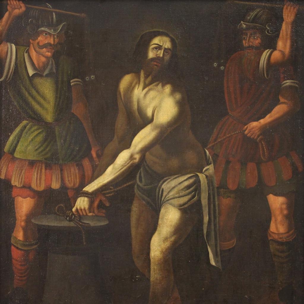 Oiled 17th Century Oil on Canvas Religious Italian Painting Flagellation Jesus, 1680 For Sale