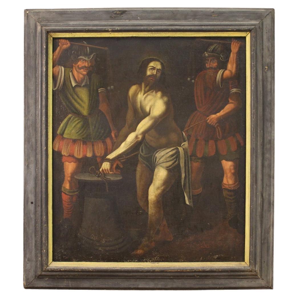 17th Century Oil on Canvas Religious Italian Painting Flagellation Jesus, 1680 For Sale