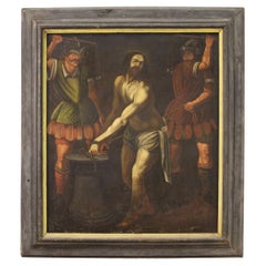 Antique 17th Century Oil on Canvas Religious Italian Painting Flagellation Jesus, 1680