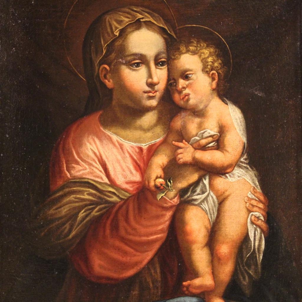 Oiled 17th Century Oil on Canvas Religious Italian Painting Virgin with Child, 1680 For Sale