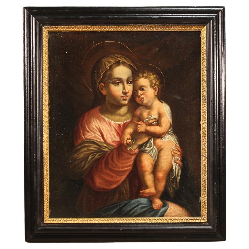 17. Jahrhundert Öl auf Leinwand Religiöse italienische Malerei Jungfrau mit Kind, 1680 im Angebot