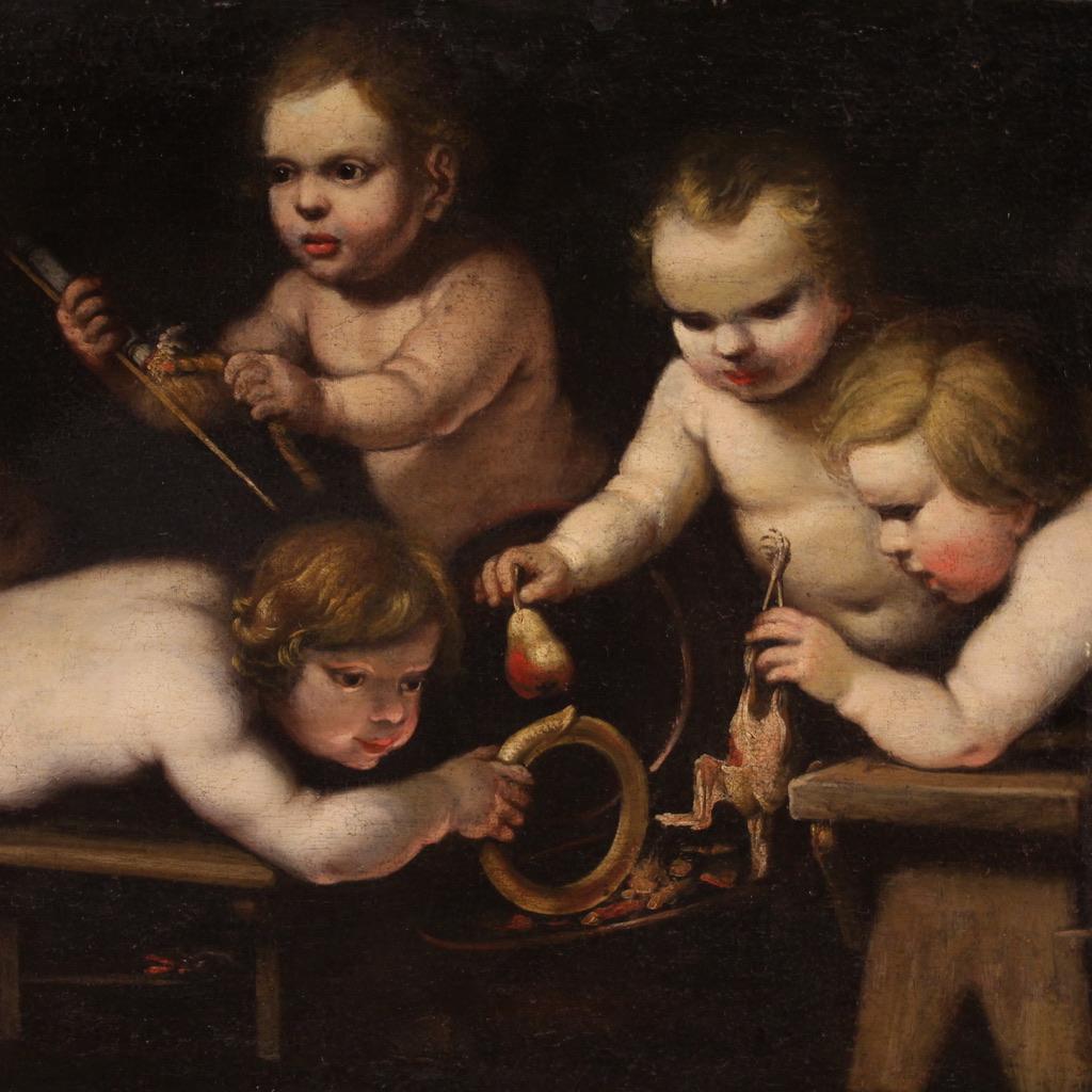 Antique painting from the second half of the 17th century. Oil on canvas artwork depicting an allegorical subject from the Rudolphine school, a particular game of cherubs of good pictorial quality. The Rudolphine school, also known as the Prague