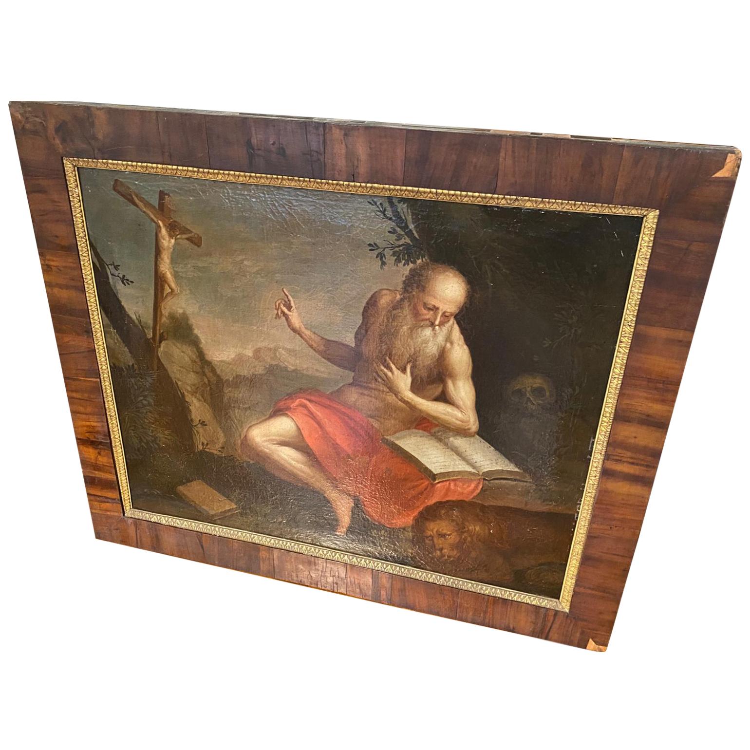 Huile sur toile du XVIIe sicle S. Girolamo dans le dsert