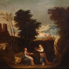 17th Century Oil on Canvas Spanish Painting Jesus and the Samaritan at the Well