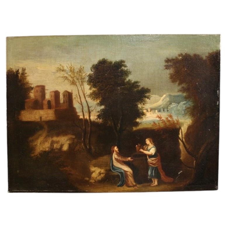 17. Jahrhundert Öl auf Leinwand Spanisches Gemälde Jesus und die Samariterin am Brunnen im Angebot