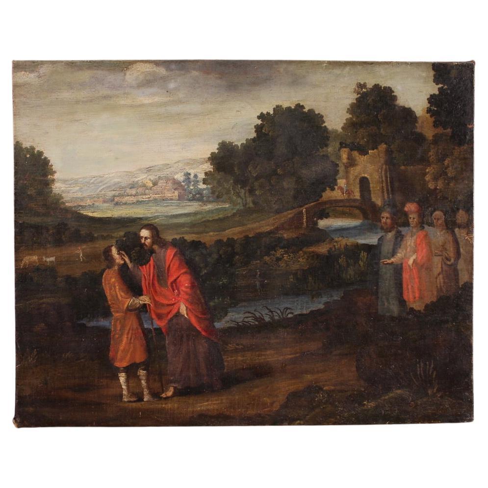 17th Century Oil on Canvas Spanish Painting The Healing of the Blind Man, 1670 en venta