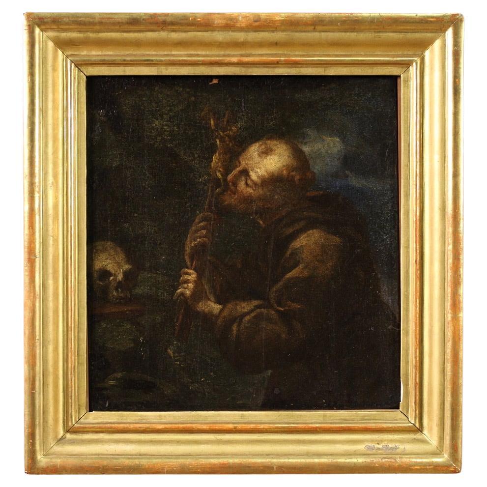 17th Century Oil on Canvas Spanish Religious Painting Saint Francis, 1680
