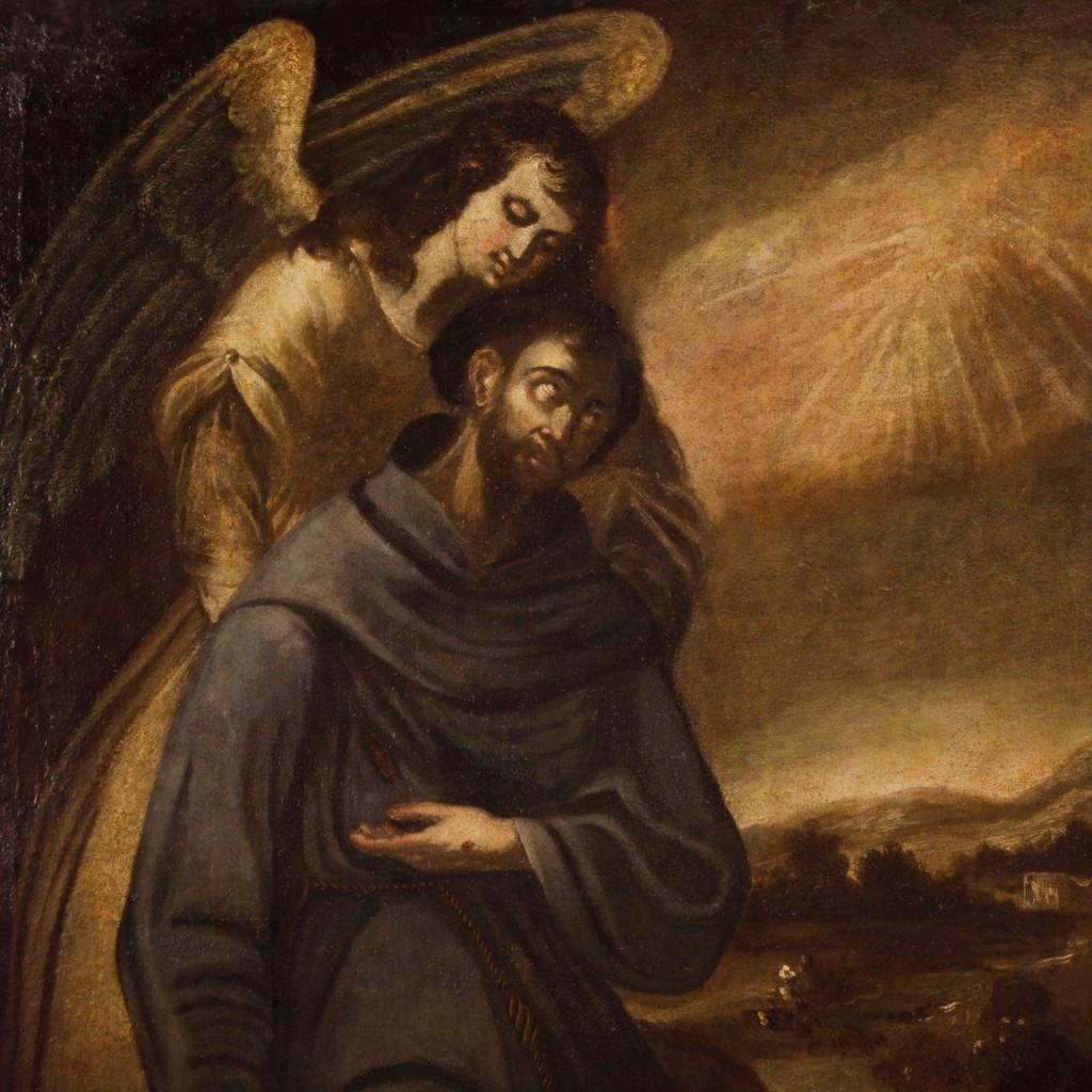17th Century Oil on Canvas Spanish Religious Painting St. Francis with Angel 8