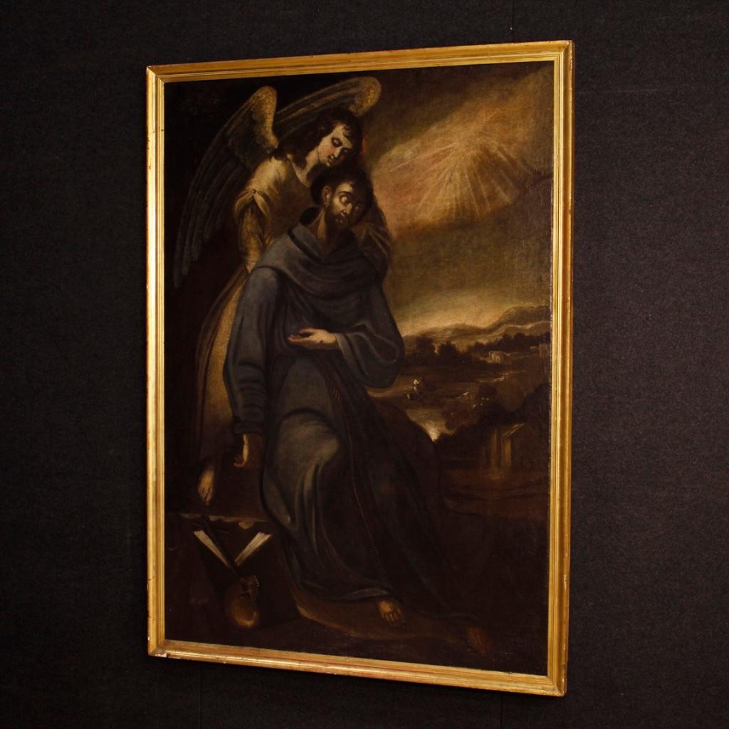 17th Century Oil on Canvas Spanish Religious Painting St. Francis with Angel 1